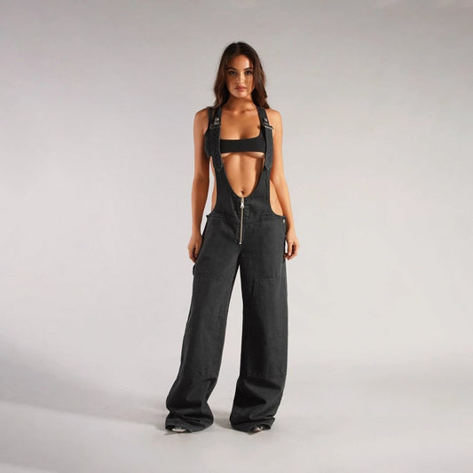 Mandotos Y2K denim overalls with zipper suspenders, streetwear style, featuring a casual fit and classic blue denim fabric.