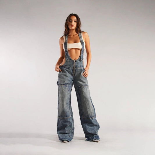 Mandotos Y2K denim overalls with zipper suspender design, streetwear style, featuring classic blue denim and adjustable straps.