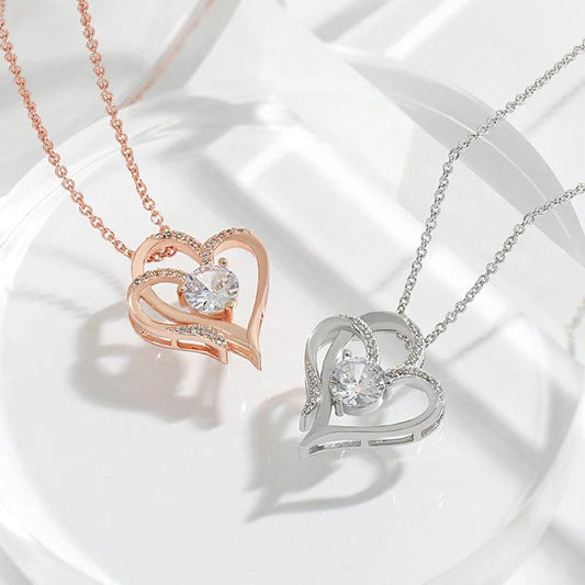Mandotos zircon double love necklace with rhinestones featuring a sparkling heart-shaped pendant for elegant jewelry style.