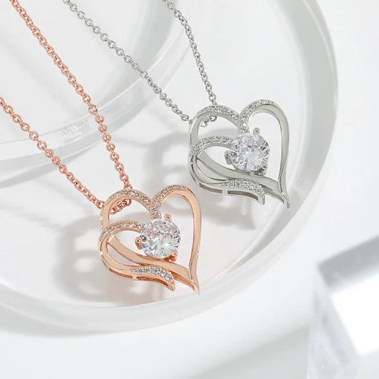 Mandotos zircon double love necklace with rhinestones, featuring sparkling heart-shaped pendants for elegant jewelry style.