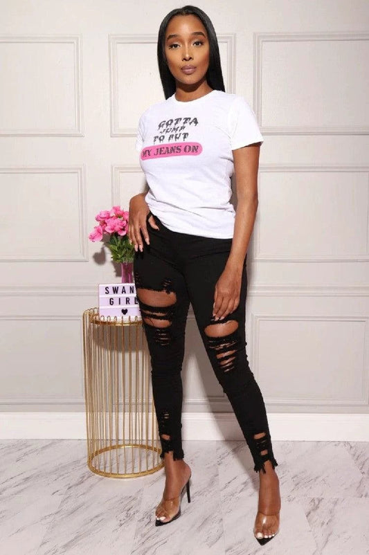 Mandotos women's denim pencil pants with slim fit, ripped holes, stretch fabric, and long tapered legs.