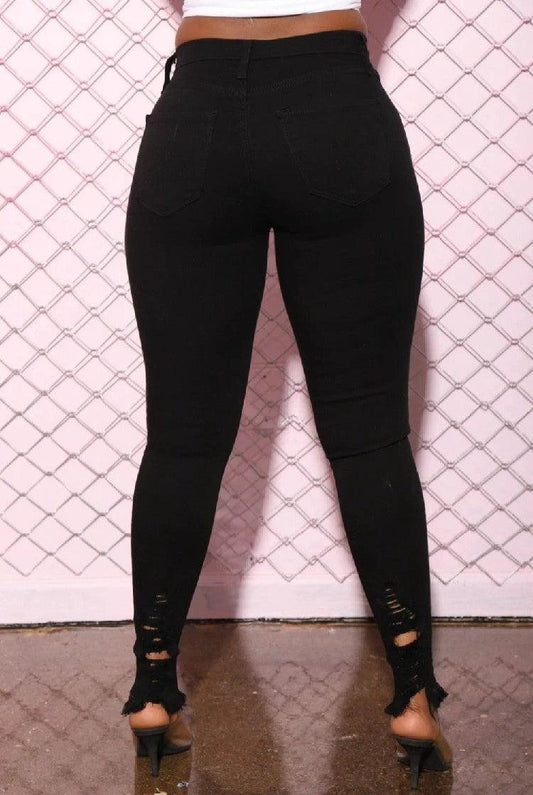 Mandotos denim pencil pants for women with slim fit, ripped holes, stretch fabric, long length, and tapered feet.