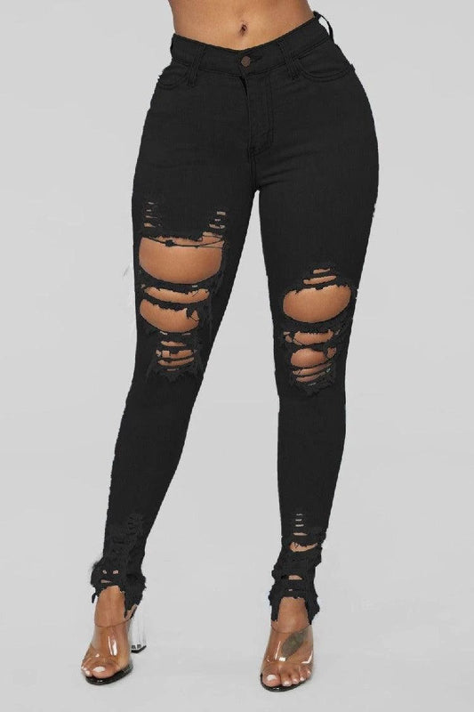 Mandotos women's denim pencil pants with ripped holes, slim fit, long design, and stretch feet for a stylish look.