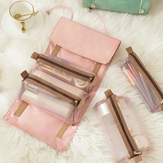 Mandotos 4-in-1 detachable cosmetic bag and travel organizer with multiple compartments, compact and lightweight for travel convenience.