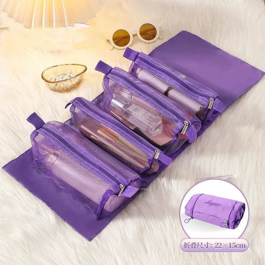 Mandotos 4-in-1 detachable cosmetic bag and travel organizer with multiple compartments for toiletries and makeup.