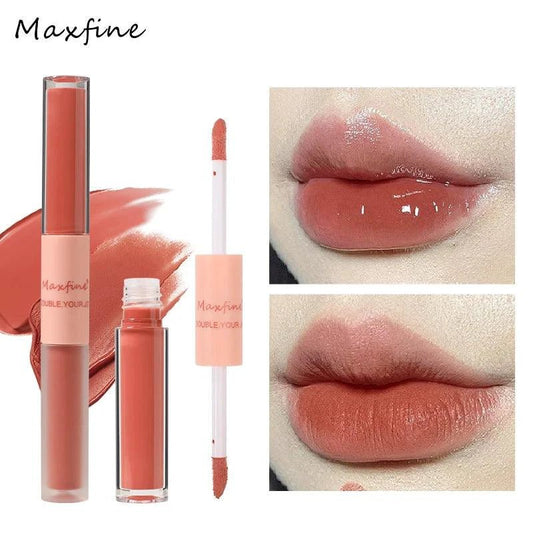 Mandotos double-end lip gloss with shiny mirror and matte velvet finish, featuring long-lasting color and moisture for lips.