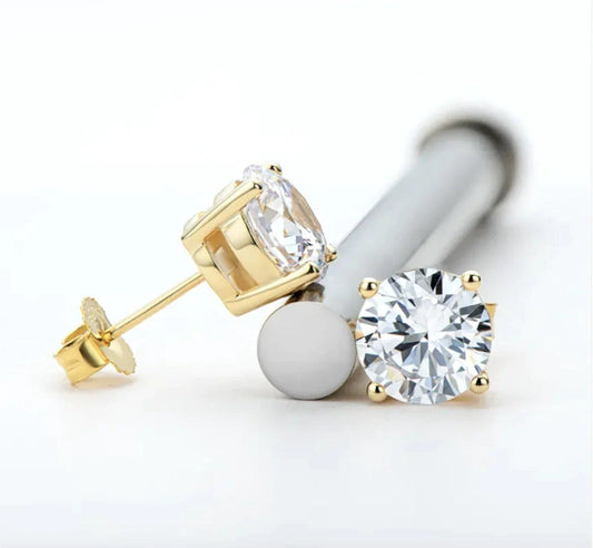 Elegant 18K gold and silver moissanite stud earrings with a sparkling, sophisticated design.