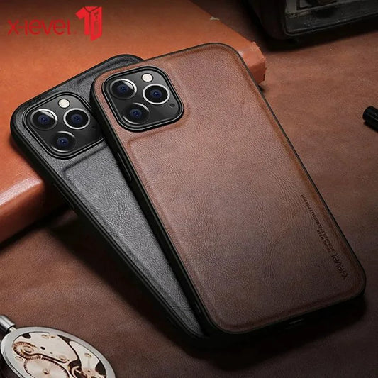 Elegant leather iPhone shield by MANDOTOS showing a sleek, stylish protective case for iPhone with smooth leather finish.