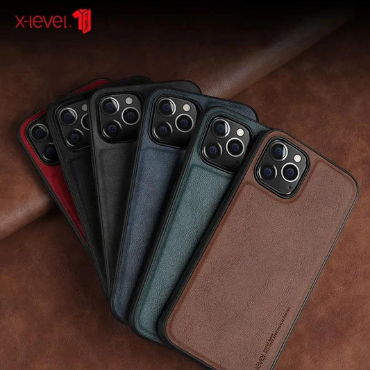 Elegant leather iPhone shield by MANDOTOS, showcasing a sleek, stylish protective case with smooth leather finish.