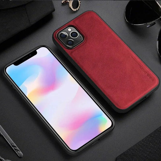 Elegant leather iPhone shield by MANDOTOS, featuring a sleek design and premium craftsmanship for stylish phone protection.