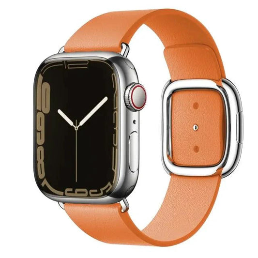 Elegant leather strap by MANDOTOS, showcasing smooth brown leather with fine stitching and polished metal buckle.