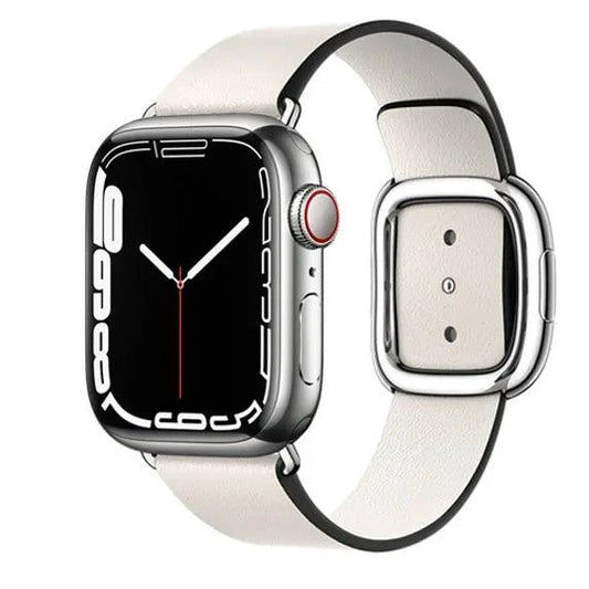 Elegant leather strap by MANDOTOS, showcasing smooth brown leather with detailed stitching and adjustable metal buckle.