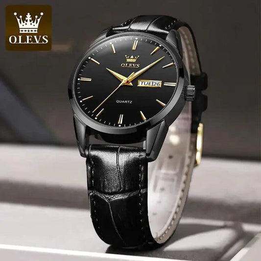 Close-up of MANDOTOS Elegant Leather Timepiece featuring a sophisticated watch with a leather strap and stylish dial.