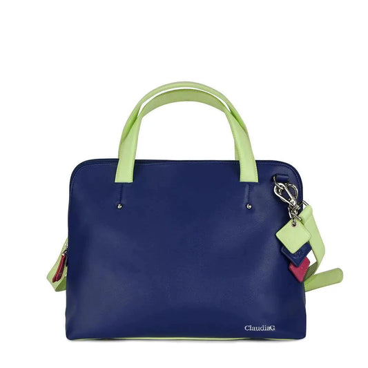 Mandotos Elisa leather handbag in vibrant sapphire blue, featuring sleek design and sturdy handles.