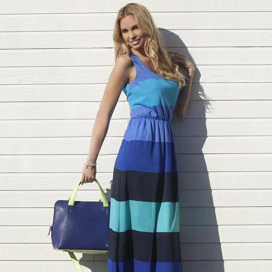 Mandotos Elisa leather handbag in sapphire blue with gold-tone hardware, featuring a structured design and top handle.