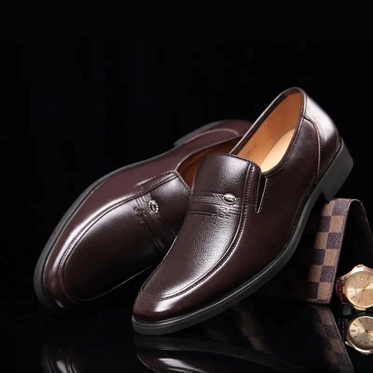 Mandotos Elite Leather Dress Shoes showcasing sleek black leather design with polished finish and classic lace-up style.