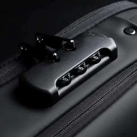 Mandotos Elite Leather Sling Bag showing its sleek black leather design with adjustable strap and compact size.