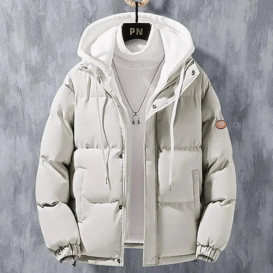 Mandotos men's winter hooded jacket with windproof, thickened cotton, fake two-piece design, solid color, leisure sports style.
