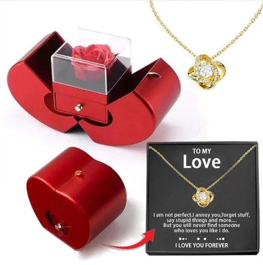 Mandotos red apple jewelry box with artificial rose, perfect for necklaces, ideal as Valentine's Day or Mother's Day gift.