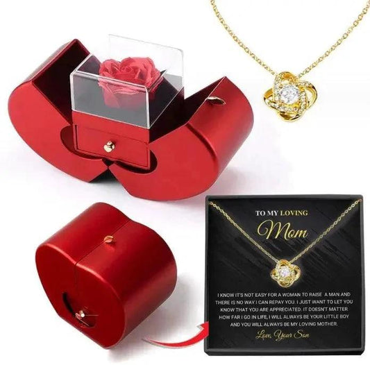 Mandotos red apple-shaped jewelry box with artificial rose and necklace, ideal for Christmas, Mother’s Day, or Valentine’s Day gifts