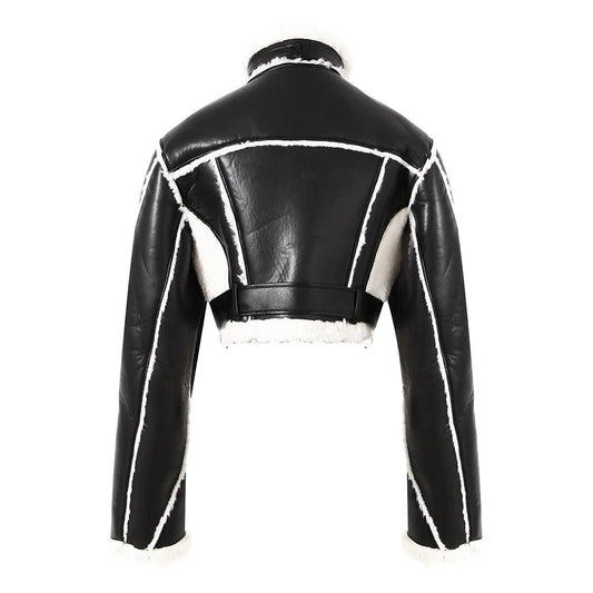 Mandotos faux leather cropped jacket shown on a hanger, featuring a stylish short design with a smooth black finish.