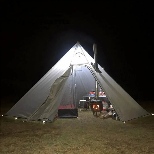 Mandotos Featherlight Pyramid Camp Shelter set up outdoors, showcasing lightweight, durable fabric and pyramid shape for camping shelter.