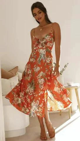 Mandotos floral boho chic midi dress with a flowing silhouette and vibrant floral pattern, perfect for summer or casual wear.