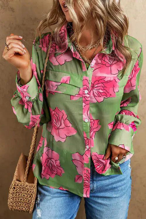 Mandotos Floral Elegance long sleeve shirt with vibrant floral pattern, tailored fit, and classic collar for stylish everyday wear.