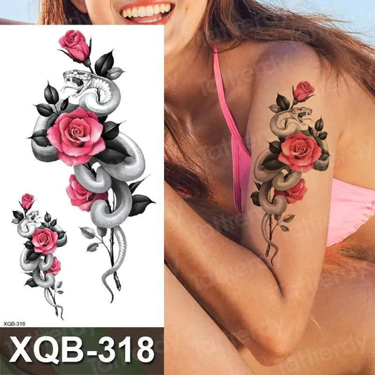 Mandotos Floral Essence Body Art Tattoo featuring intricate floral designs on skin, showcasing detailed, colorful tattoo artwork.