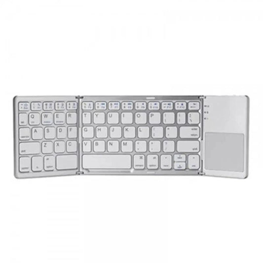 Mandotos folding Bluetooth keyboard opened, showing keys and compact design for portable wireless typing.