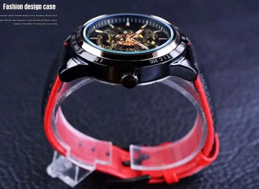 Mandotos Forsining Scarlet leather strap watch with round dial and silver accents, showcasing elegant timepiece design.