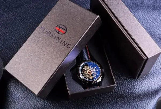 Mandotos Forsining Scarlet leather wristwatch with round dial and metal case, stylish timepiece for men.