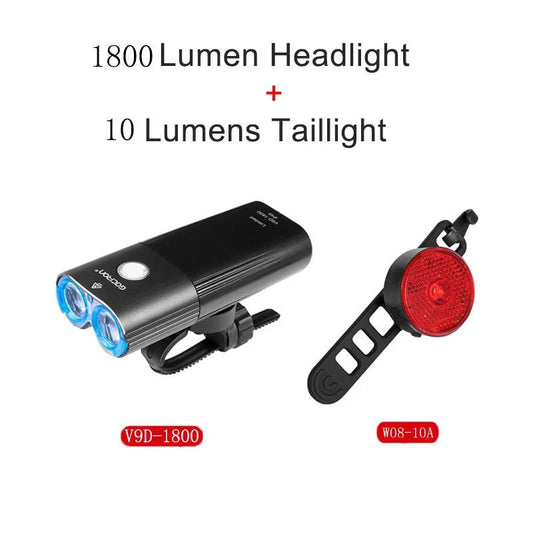 Mandotos GACIRON bicycle front light with 400-1800 lumens, waterproof LED headlamp, USB rechargeable for MTB and road cycling.