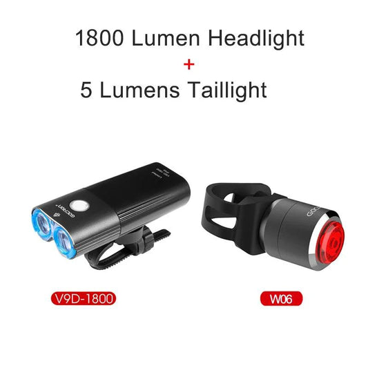 Mandotos GACIRON bicycle front light with 400-1800 lumens, waterproof LED headlamp, USB rechargeable for MTB and road cycling.