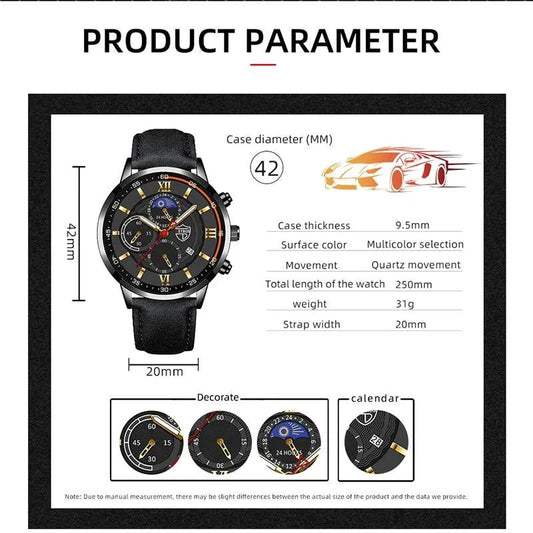 Mandotos men's classic leather wristwatch with a round dial and brown leather strap, showcasing elegant timepiece design.