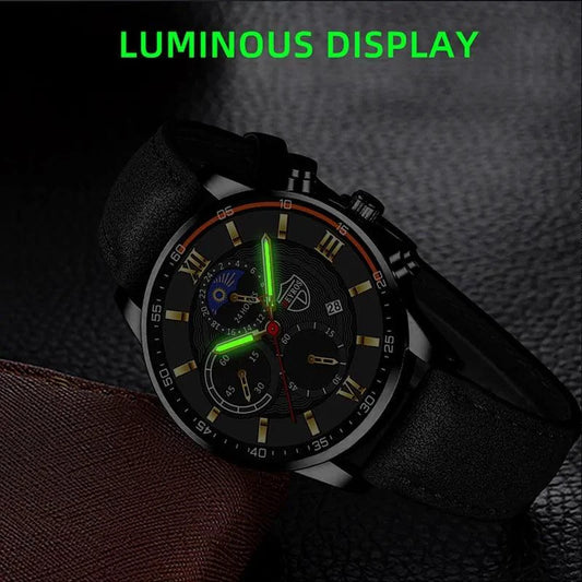 Mandotos men's classic leather wristwatch with round dial and black leather strap, stylish timepiece for everyday wear.