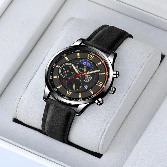 Mandotos men's classic leather wristwatch with a round dial and leather strap, showcasing elegant timepiece design.