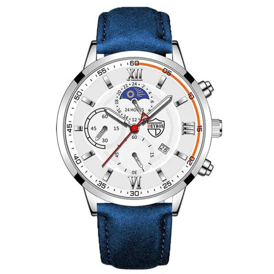 Mandotos men's classic leather wristwatch with round dial and black leather strap, showcasing elegant men's timepiece design.