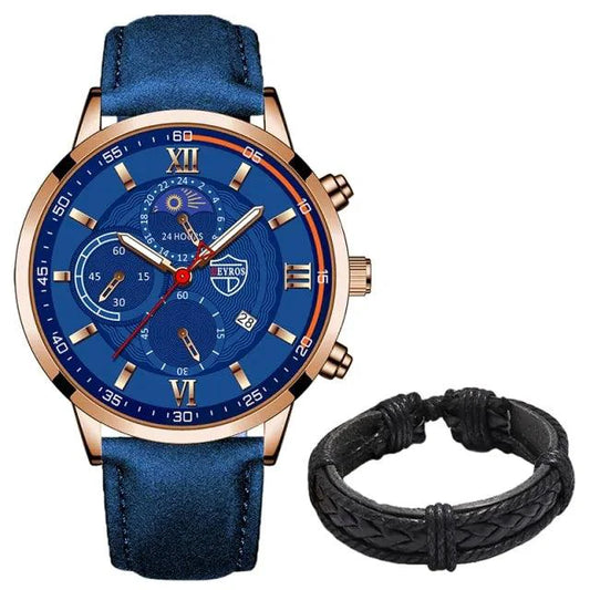 Mandotos men's classic leather watch with round dial, silver-tone case, and black leather strap, stylish and elegant timepiece.