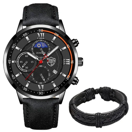 Gent's classic leather wristwatch by MANDOTOS featuring a sleek round dial and brown leather strap.