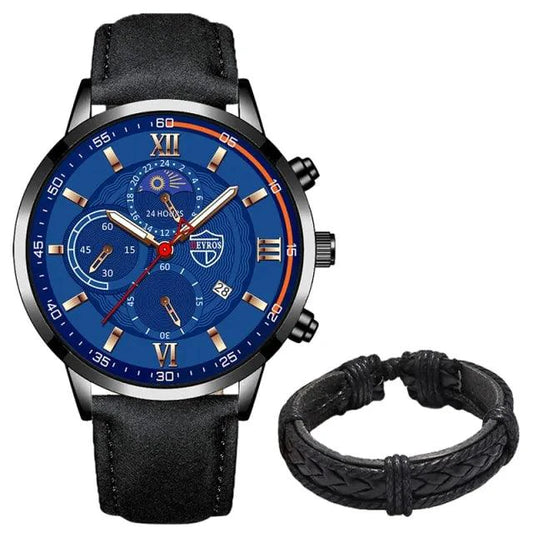 Gent's classic leather watch by MANDOTOS featuring a round dial and leather strap, displayed on a white background.