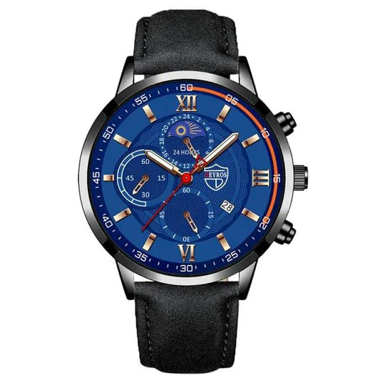 Elegant men's classic leather watch by MANDOTOS with a round dial and leather strap, showcasing a sophisticated timepiece.