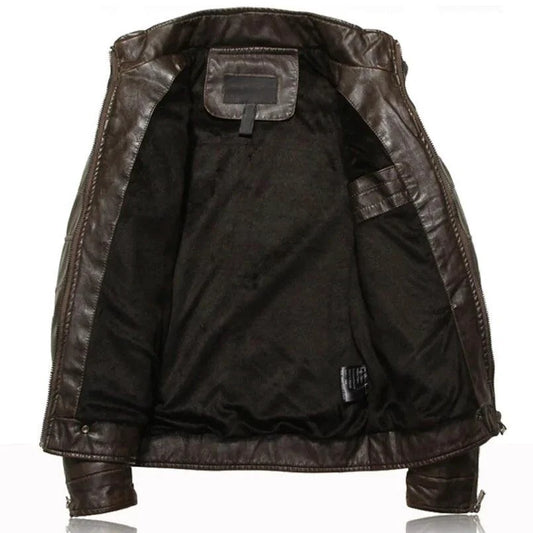 Mandotos men's leather outerwear jacket with a sleek design, visible stitching, and classic collar for stylish outdoor wear.