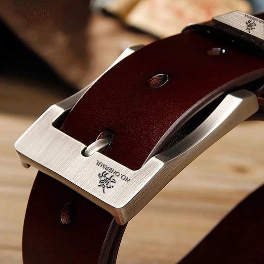 Mandotos genuine leather men's casual belt with buckle, cowskin design, suitable for jeans, cowboy style, high-quality fashion accessory