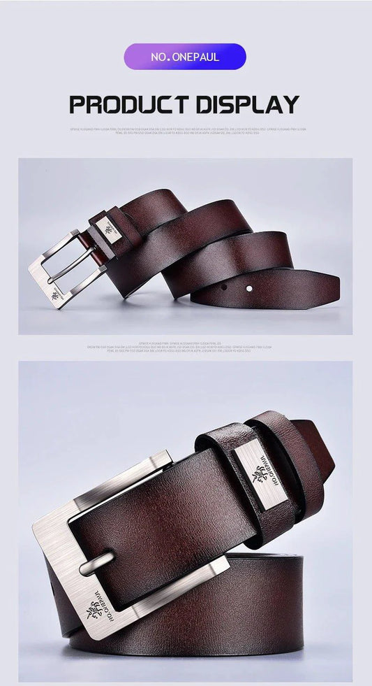 Genuine leather men's casual belt with high-quality buckle, cowboy style, Cowskin material, designed by MANDOTOS.