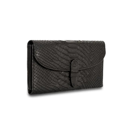 Black genuine leather wallet with removable pouch by MANDOTOS, showing the sleek design and textured leather surface.