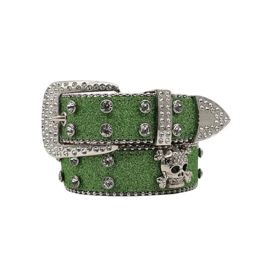 Glitzy Skull Fashion Belt by MANDOTOS featuring a shiny skull buckle and stylish design on black leather strap.
