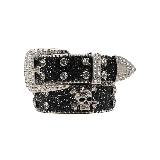 Mandotos Glitzy Skull Fashion Belt with sparkling embellishments and black strap, stylish accessory for edgy outfits.
