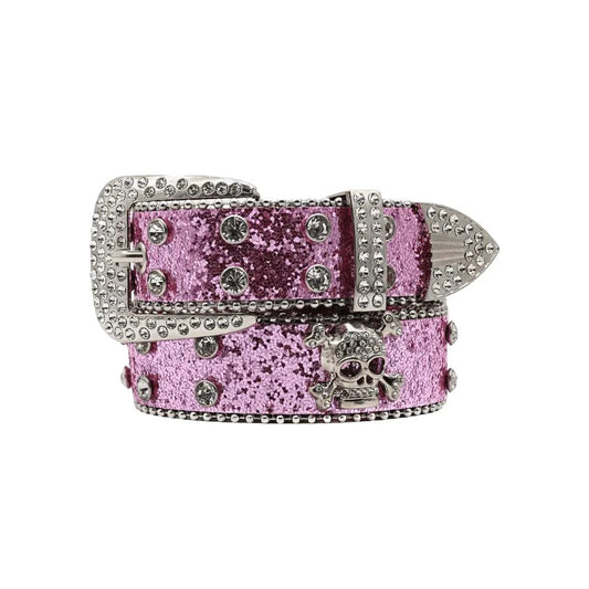 Mandotos Glitzy Skull Fashion Belt with shiny embellishments, featuring a skull buckle and adjustable strap for a bold, stylish look.