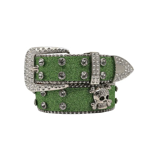 Mandotos Glitzy Skull Fashion Belt featuring a sparkling skull buckle and black leather strap, stylish accessory for edgy outfits.